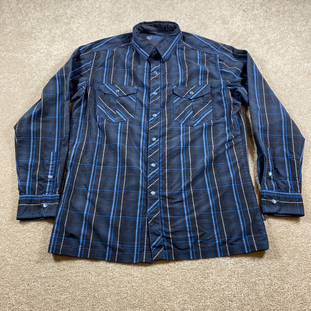 KUHL Eluxur Lite Shirt Mens Medium Blue Black Plaid Snap Outdoor Long Sleeve